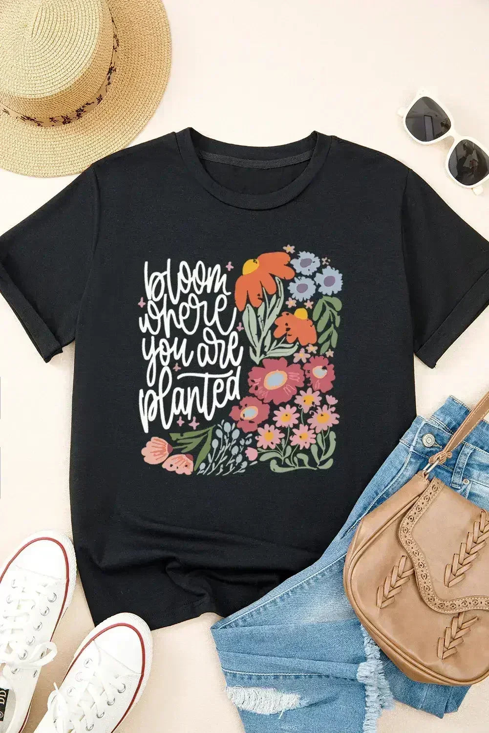 Black bloom where you are planted Floral Printed T Shirt - Femstylo