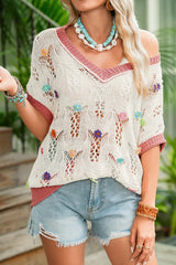 Delicacy Flowers Colorblock Edge Hollow Crochet Knit Top