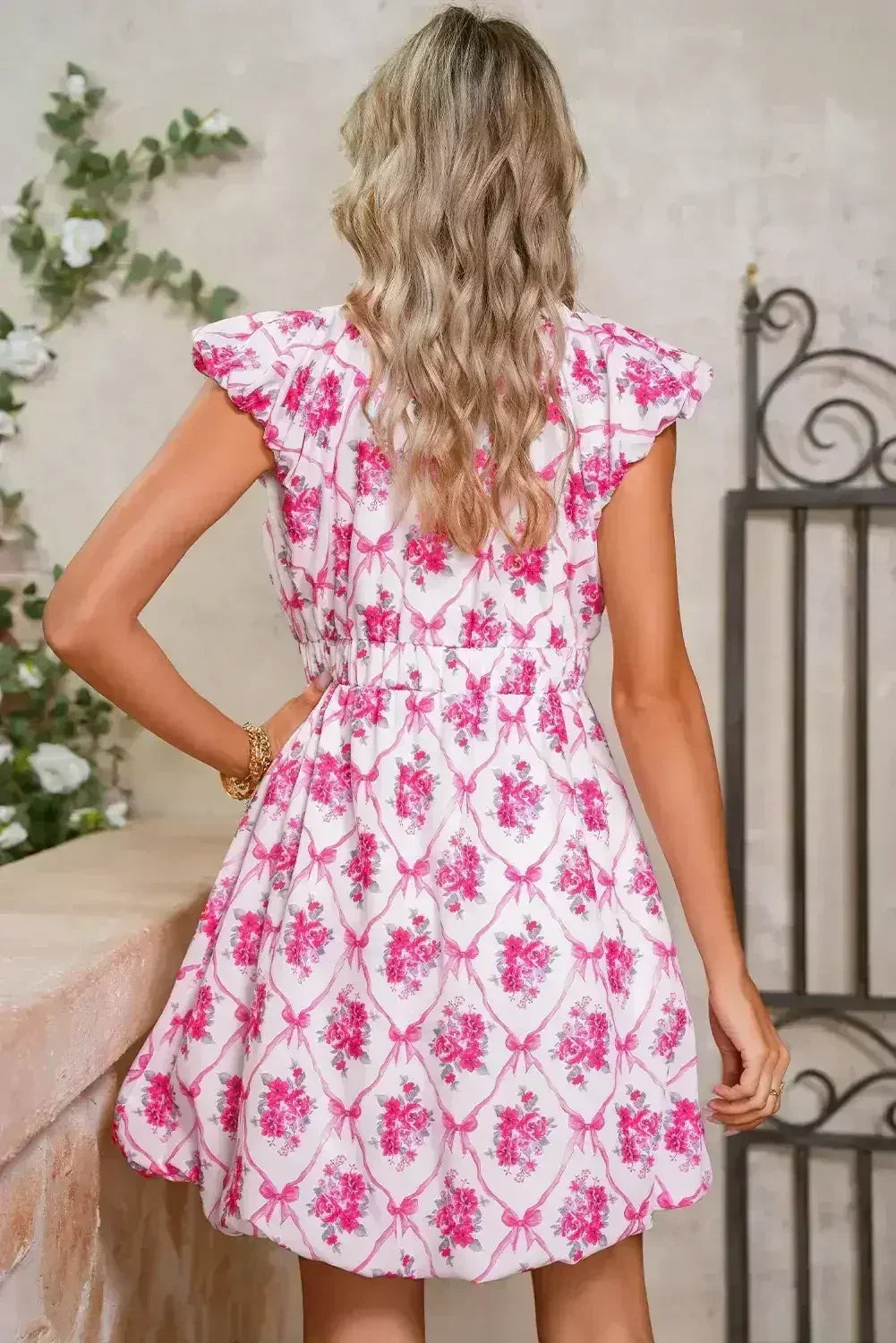 Multicolour Boho Bow Floral Print Knot V Neck Mini Dress - Femstylo