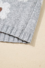 Gray Cute Flower Print V Neck Drop Shoulder Baggy Sweater