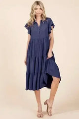 Mittoshop Ruffle Sleeve Collared V Neck Tiered Midi Dress - Femstylo