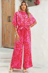 Rose Leopard Print Tulip Sleeve Belted Wide Leg Jumpsuit - Femstylo