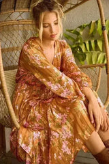 Mittoshop Flower Print Satin Lurex Stripe Smocked Midi Dress - Femstylo