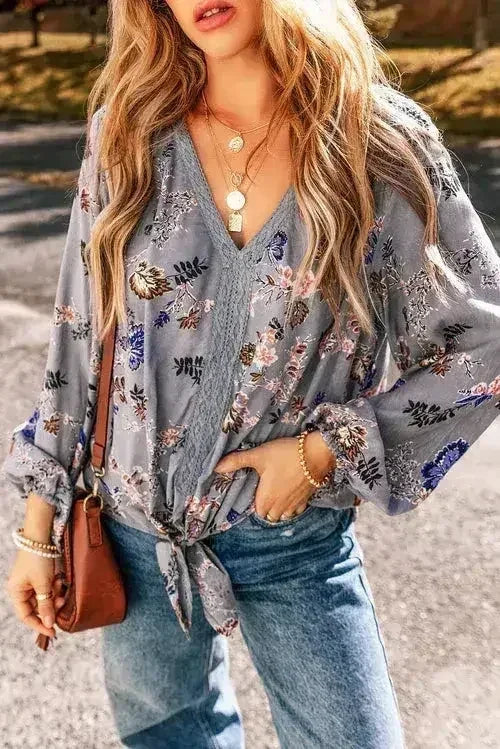 Sky Blue Floral Print Lace Patchwork Knot Front V Neck Blouse - Femstylo