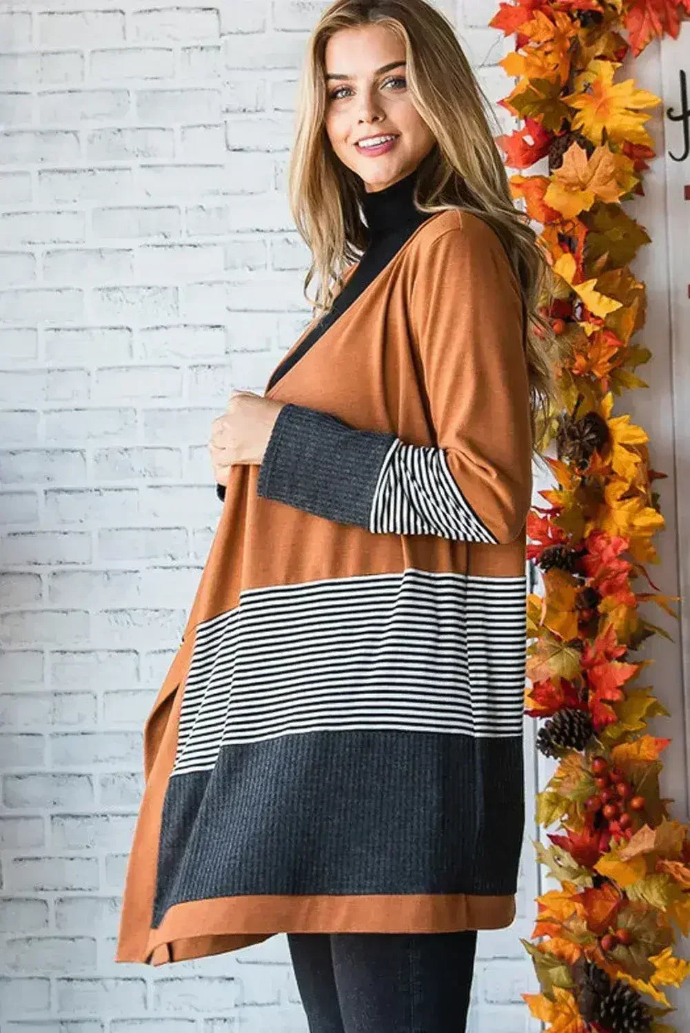 Orange Colorblock Striped Patchwork Open Cardigan - Femstylo