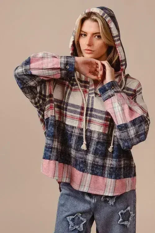 BiBi Drawstring Plaid Drop Shoulder Hoodie - Femstylo