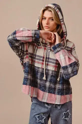 BiBi Drawstring Plaid Drop Shoulder Hoodie - Femstylo
