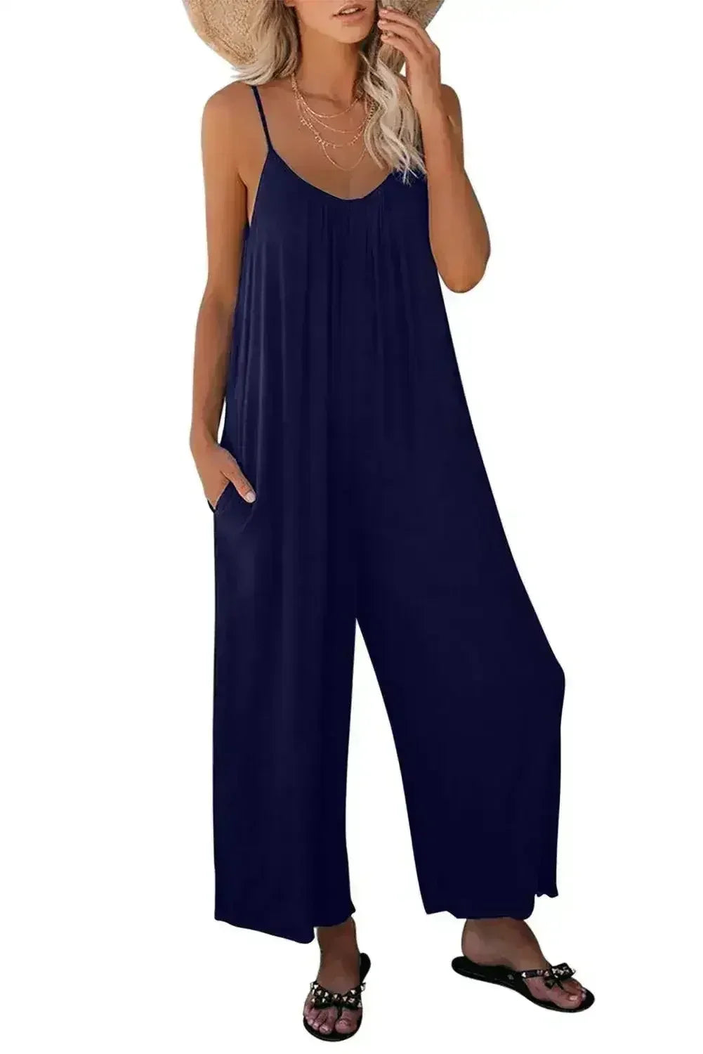 Casual Dark Blue Spaghetti Straps Pocketed Wide Leg Jumpsuits - Femstylo