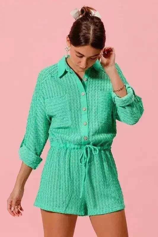 SO ME Textured Knit Button Front Romper - Femstylo