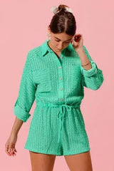 SO ME Textured Knit Button Front Romper - Femstylo