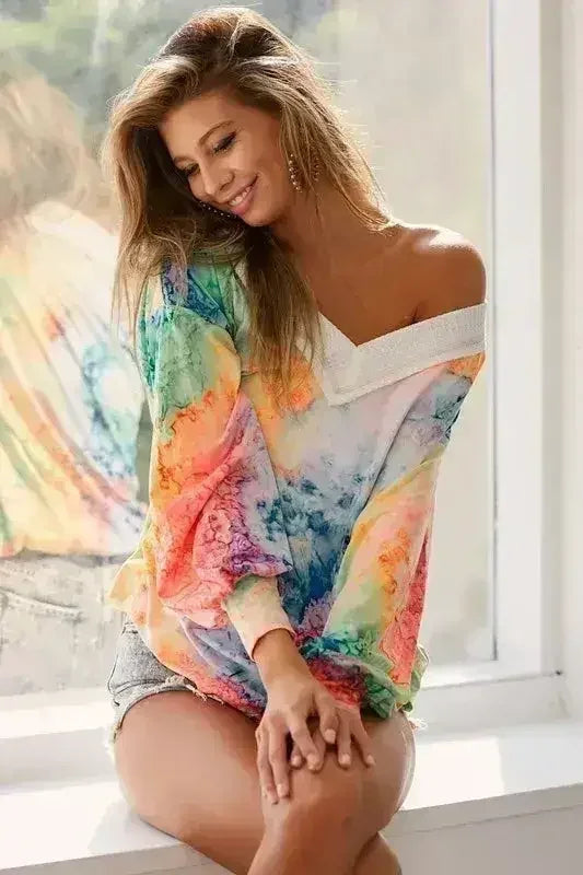 BiBi Tie Dye Soft Knit Jersey V-Neck Top | Femstylo - Femstylo