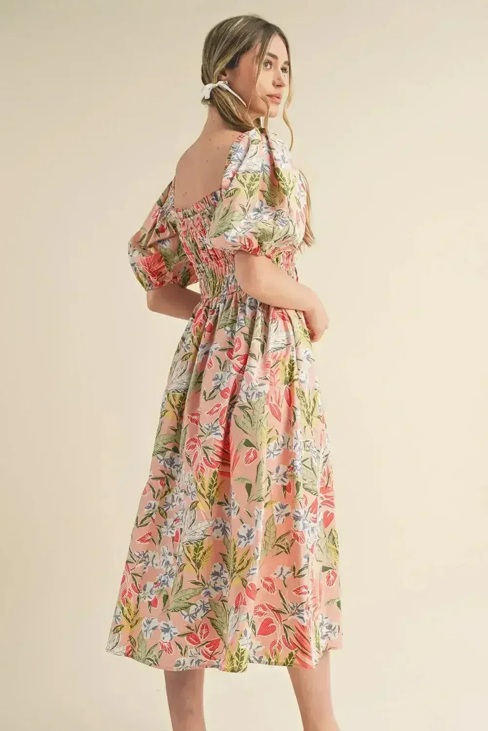 Apricot Pink Floral Knot Front Smocked Bubble Sleeve Dress - Femstylo
