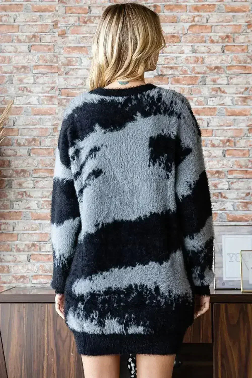 First Love Full Size Abstract Pattern Contrast Feather Yarn Sweater - Femstylo
