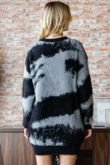 First Love Full Size Abstract Pattern Contrast Feather Yarn Sweater - Femstylo