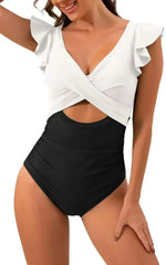 Black Color Block Cut Out Criss Cross One Piece Swimsuit - Femstylo