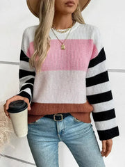 Color Block Round Neck Long Sleeve Sweater - Femstylo