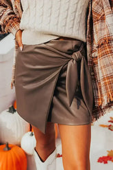 Coffee Bowknot Faux Leather Plain Mini Skirt - Femstylo