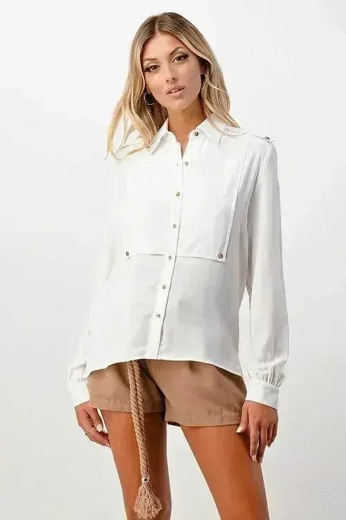 Long Sleeve Button-Down Blouse with Gold Button Accents - Femstylo