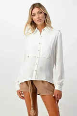Long Sleeve Button-Down Blouse with Gold Button Accents - Femstylo
