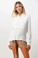 Long Sleeve Button-Down Blouse with Gold Button Accents - Femstylo