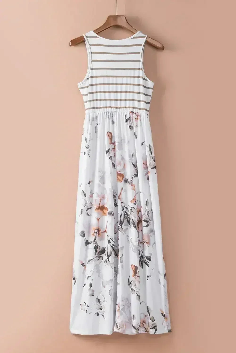 White Boho Stripes & Floral Print Floor Length Tank Dress - Femstylo