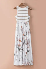 White Boho Stripes & Floral Print Floor Length Tank Dress - Femstylo