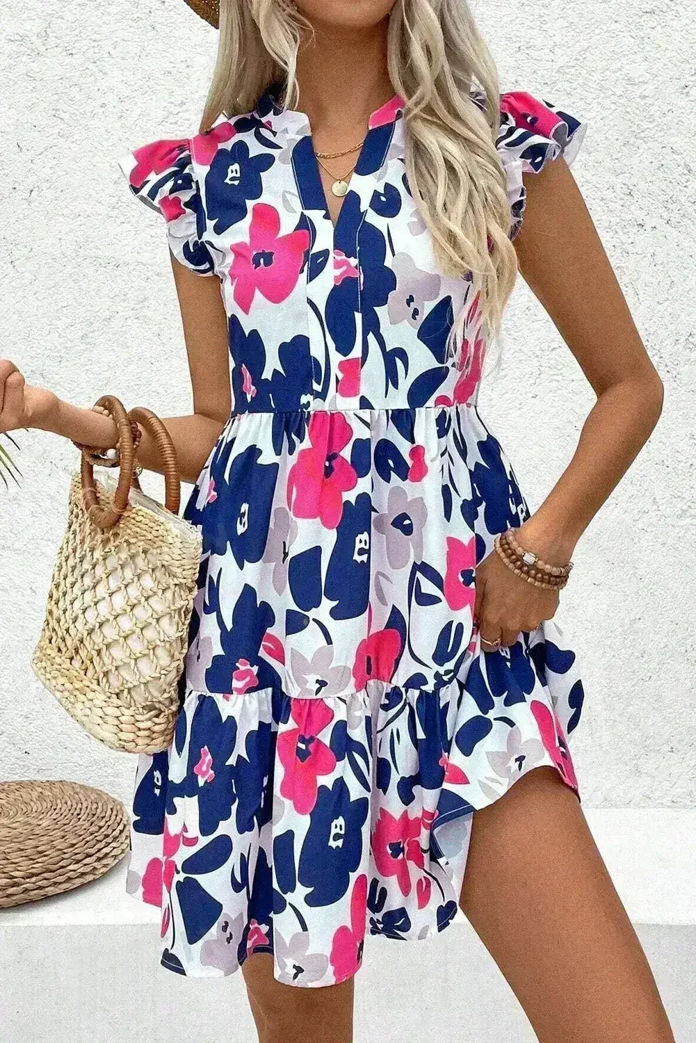 Rose Floral Print Notched Neck Flutter Sleeve Mini Dress - Femstylo