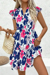Rose Floral Print Notched Neck Flutter Sleeve Mini Dress - Femstylo