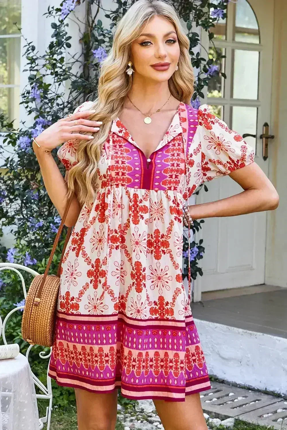 Rose Boho Floral Short Sleeve Tie V Neck Mini Dress - Femstylo