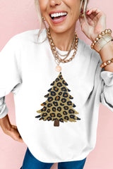 White Leopard Christmas Tree Terry Flocking Round Neck Sweatshirt