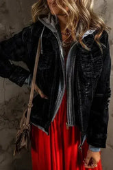 Black Fake Two-Piece Hooded Zip-Up Denim Jacket - Femstylo