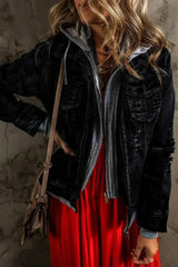 Black Fake Two-Piece Hooded Zip-Up Denim Jacket - Femstylo