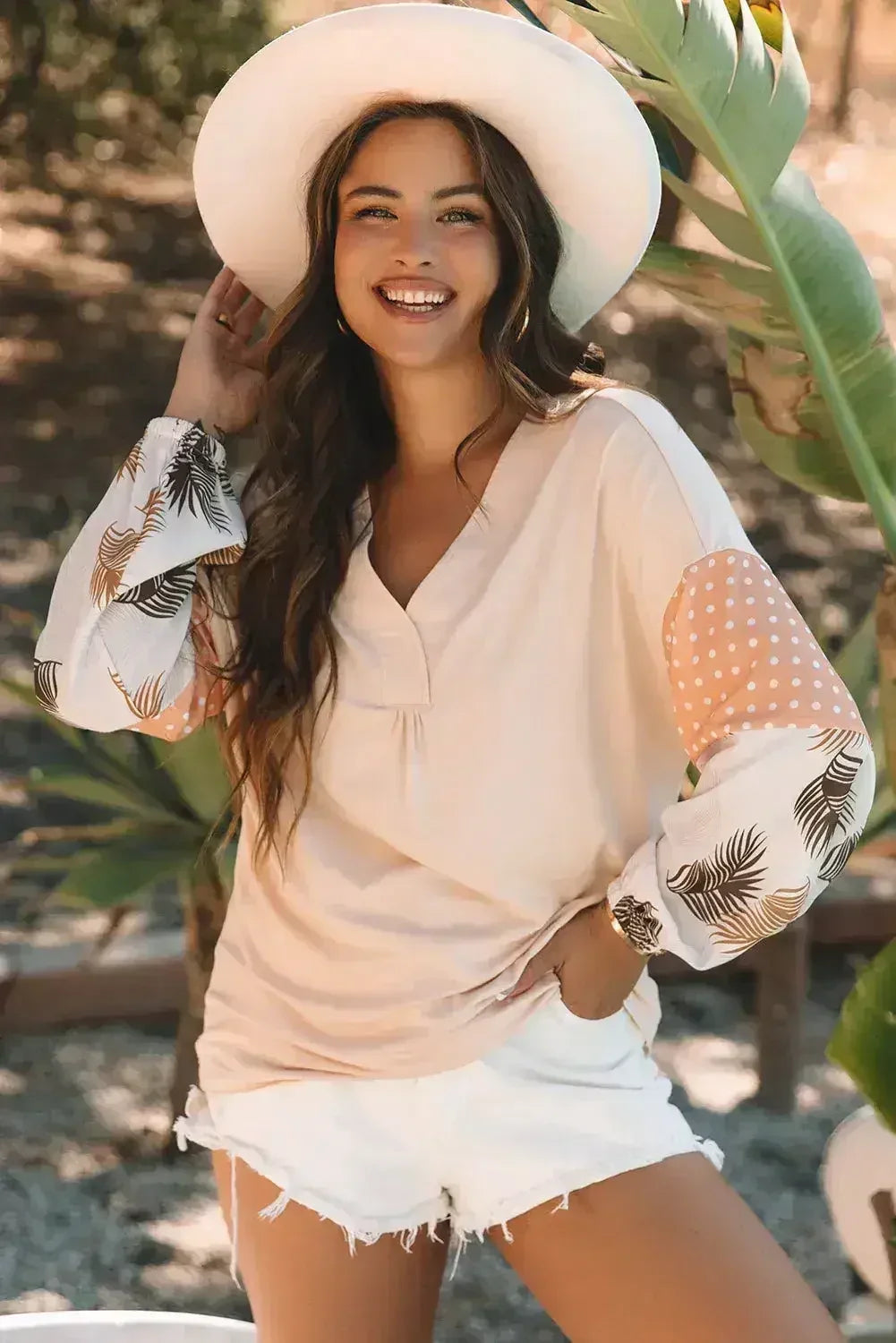 Puff Sleeve Patchwork Blouse - Tropical Print Top | Femstylo - Femstylo