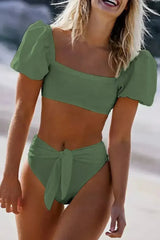 Green Bubble Sleeves Square Neck High Waist Bikini - Femstylo