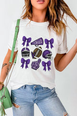 Game Day Rugby Tee: White Cheer Helmet & Bow Graphic T-Shirt