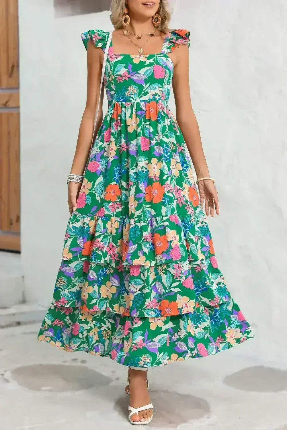 Green Boho Floral Print Ruffle Sleeveless Tiered Maxi Dress - Femstylo