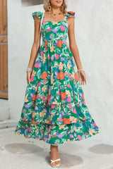 Green Boho Floral Print Ruffle Sleeveless Tiered Maxi Dress - Femstylo