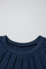 Navy Blue Contrast Lace Raglan Sleeve Pleated Mini Dress - Femstylo