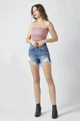 RISEN Raw Hem Asymmetrical Waist Denim Shorts - Femstylo
