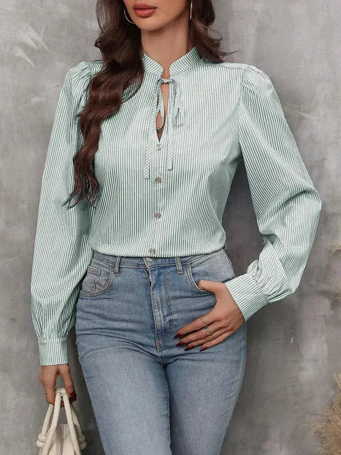 Striped Tie Neck Long Sleeve Blouse – Femstylo - Femstylo