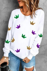 White MARDI GRAS Crown Graphic Drop Shoulder Sweatshirt - Femstylo