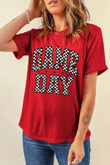 Red Checkered Game Day Graphic Round T Shirt