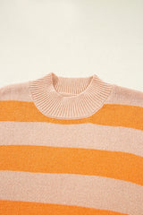 Orange Striped Colorblock High Neck Drop Shoulder Cozy Sweater