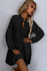 Black Tie Split Neck Smocked Detail Puff Sleeve Ruffle Hem Loose Dress