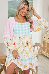Pink Boho Floral and Plaid Patchwork Ricrac Lantern Sleeve Dress - Femstylo