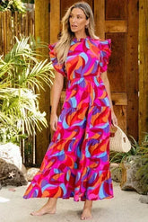 Orange Abstract Printed High Waist Ruffle Tiered Long Dress - Femstylo