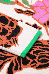 Khaki Contrast Trim Floral Pattern Quarter Zip Stand Neck Sweater