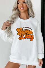 White Chenille Game Day Rugby Football Pattern Pullover Sweatshirt - Femstylo