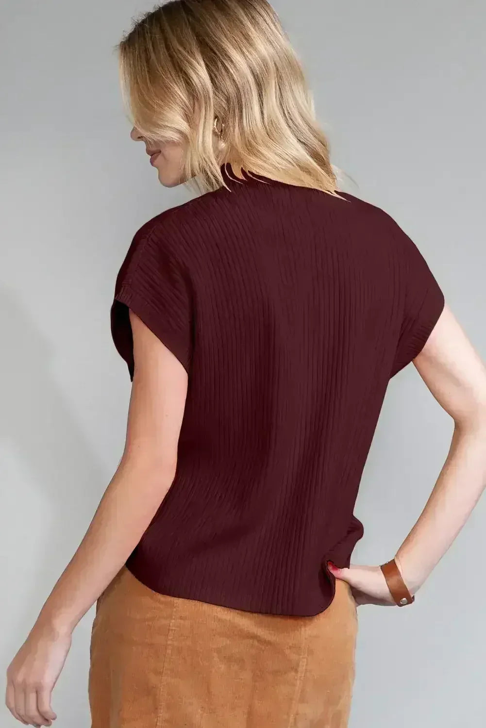 Mineral Red Patch Pocket Ribbed Knit Short Sleeve Sweater - Femstylo