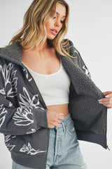 Aemi + Co Flower Print Zip Up Sherpa Hoodie - Femstylo